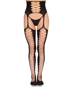 LEG AVENUE - 1968 STOCKINGS WITH ATTACHED GARTER BELT BLACK - ONE SIZE