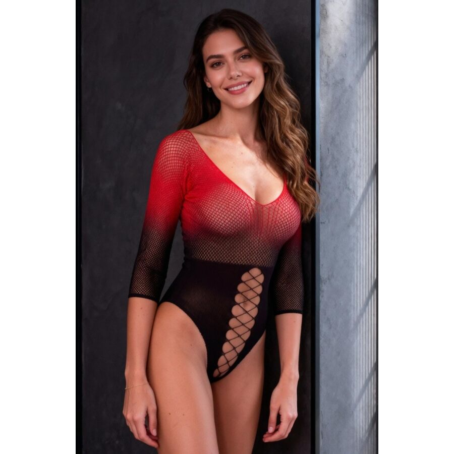 PASSION - BS118 BLACK AND RED MESH BODYSTOCKING - Image 2