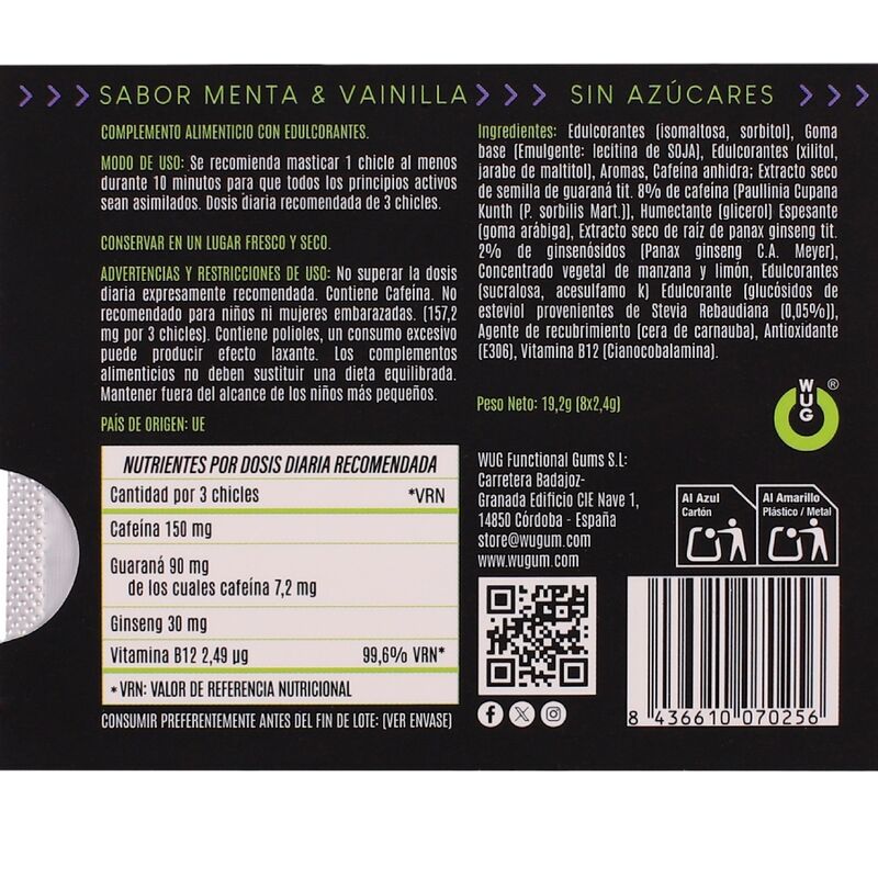 WUG ON - FUNCTIONAL CAFFEINE GUARANA GUM MINT VANILLA FLAVOUR BLISTER 8 PCS - Image 4