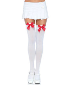 LEG AVENUE - NYLON THIGH HIGHS WITH BOW WHITE / RED