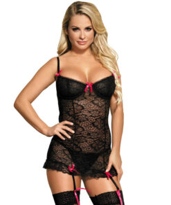 SUBBLIME CHEMISE-GARTER BELT WITH PINK BOWS S/M