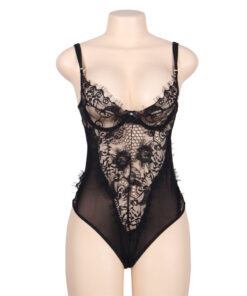 SUBBLIME - QUEEN PLUS FLORAL LACE AND FRINGED BLACK TEDDY