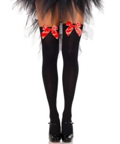 LEG AVENUE - BLACK NYLON THIGH HIGHS WITH RED BOW ONE SIZE